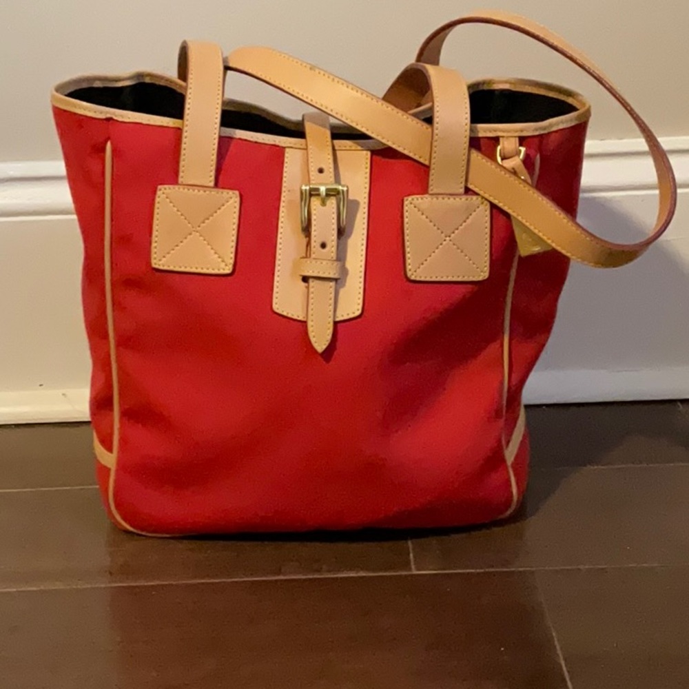 Dooney & Bourke Cabriolet Red Canvas Tan Leather Trim Bucket Shoulder Tote Bag